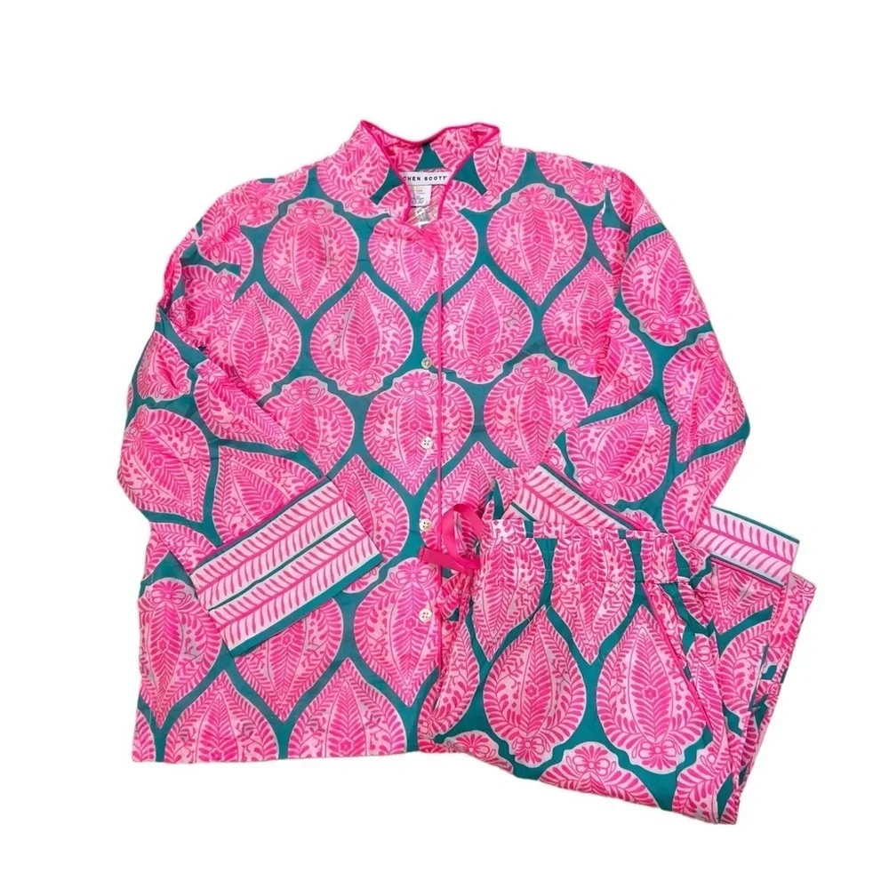 Gretchen Scott Pajamas Teal Pink Indian Summer PJ Set Large New $129 - Picture 6 of 8